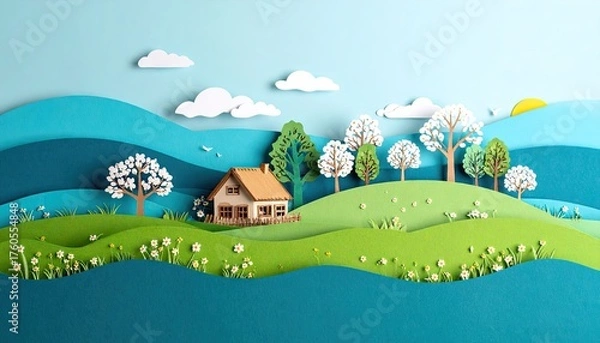 Obraz Papercut Layered Spring Landscape with Cozy House and Soft Shadows