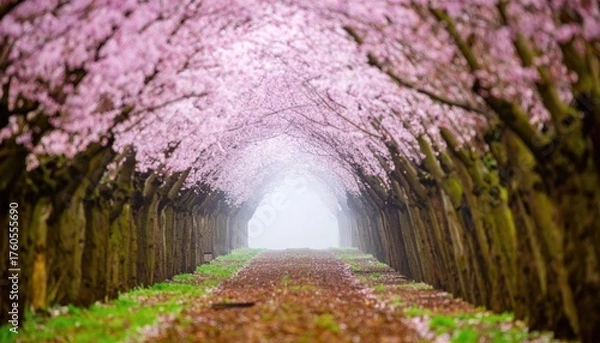 Obraz Pastel Pink Blossom Tunnel Path In Spring