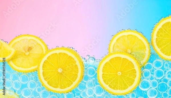 Obraz Lemon Slices in Blue Fizz Bubbles Summer Refreshment
