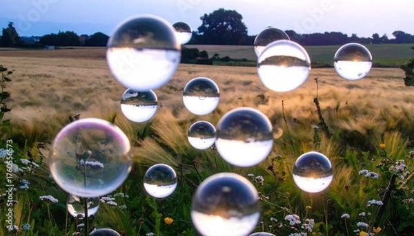 Obraz Glass Orb Cluster Floating Above Serene Field at Sunset