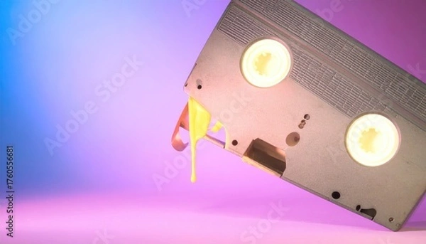 Obraz Damaged VHS Tape with Yellow Leak on Purple and Blue Gradient Background