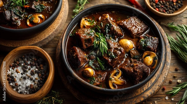 Fototapeta Buckwheat porridge with pieces of meat and mushrooms on a dark wooden background. Top view.