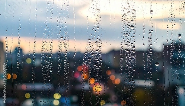 Obraz Raindrops on Glass with City Bokeh at Dusk
