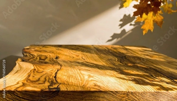 Obraz Oiled Oak Tabletop With Autumnal Sunlight And Leaf Shadows