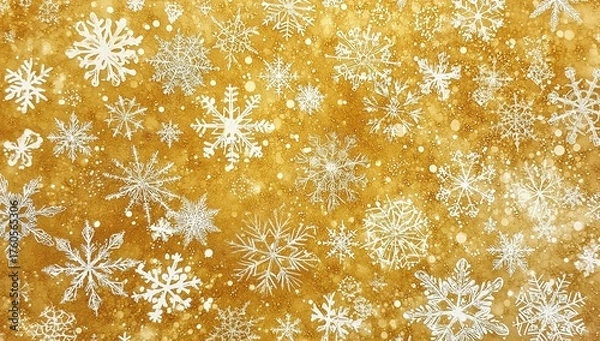 Obraz A background of golden snowflakes, with many white and gold snowflake patterns on it. The light is a bright yellow, and the overall atmosphere seems to be very festive.