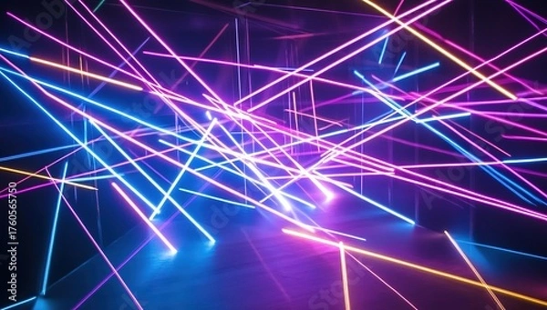 Fototapeta A background of neon laser beams and light streaks, in shades of pink, blue, purple, and black
