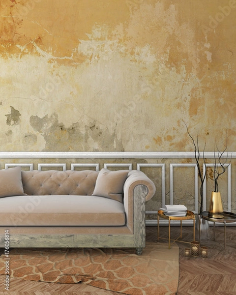 Obraz mock up classic interior with yellow plaster wall, white moldings on wall, beige sofa and brown carpet. 3d render