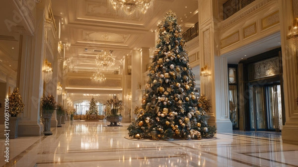 Obraz ホテルのロビーに飾られた豪華なクリスマスツリーと華やかなホリデー装飾