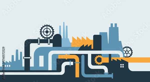 Fototapeta Abstract industrial illustration factory silhouettes pipes and gears