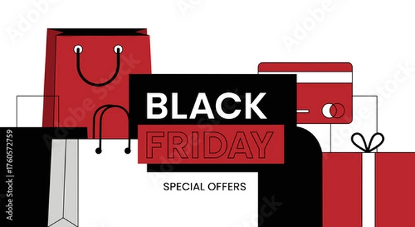 Obraz Black Friday sales banner illustration with shopping bags credit card and special offers text