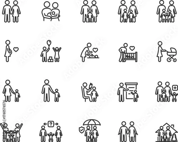 Fototapeta Vector set of family line icons. Contains icons mother, father, pregnancy, children, upbringing, child care, custody, adoption and more. Pixel perfect.