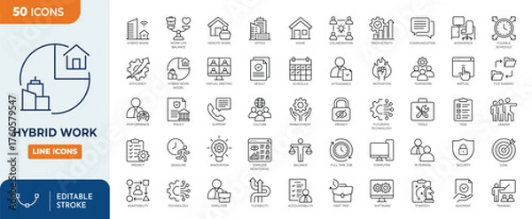 Obraz Minimalist Hybrid work outine icons set with editable stroke. Containing remote work, home, office, flexibility, Freelance, and more. thin linear illustration.