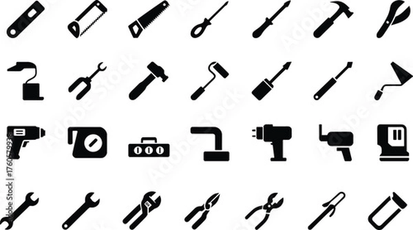 Obraz Hand tools and power tools silhouette set, construction repair icons, DIY equipment artwork, workshop hardware design, mechanical tool graphic collection