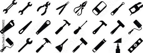 Obraz Hand tools silhouette illustration set, hardware icons, construction repair artwork, DIY equipment design, mechanical tool graphic, workshop symbol collection