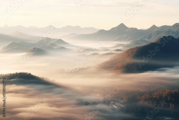 Fototapeta 朝霧に包まれた山々が連なる幻想的で静かな風景