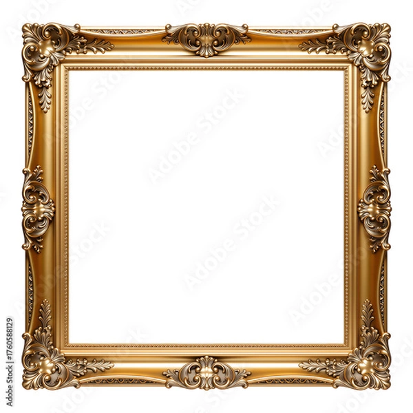Fototapeta Ornate square golden picture frame with empty space isolated on transparent background