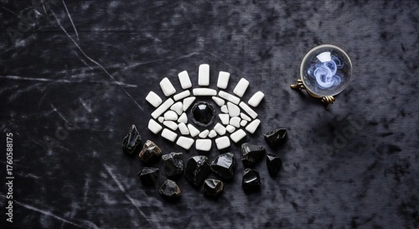 Obraz A minimalist eye symbol made of white and black stone fragments, paired with a smoking crystal ball on a dark velvet texture. Concept of foresight, divination, and fortune telling.
