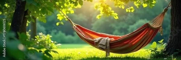 Obraz Serene Hammock Swaying Gently in Lush Green Garden Sunlight, Perfect Relaxation and Tranquility