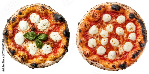 Fototapeta Neapolitan Margherita Pizzas, top view, with fresh basil, isolated on transparent background, delicious, artisanal, italian food, pizza margherita, isolated, food photography, basil, cheese, tomato, d