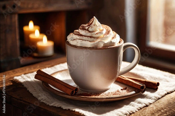 Obraz Cozy Hot Chocolate with Whipped Cream and Cinnamon Sticks by Candlelight cocoa drink