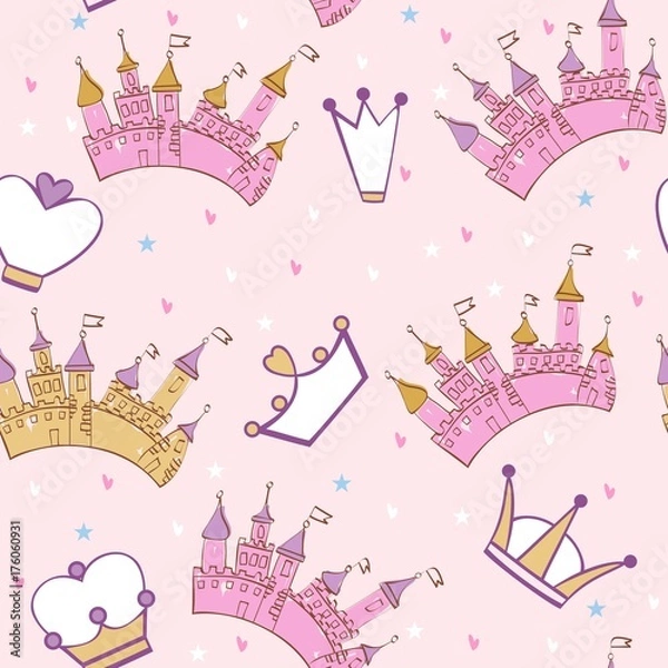 Fototapeta Hand drawing vector seamless pattern with crowns and castle.