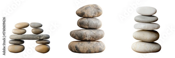 Fototapeta Stacked Stones Balancing Act on Transparent Background. Zen, Nature, Art, Sculpture, Smooth Pebbles, Abstract, Zen Balance Sculpture Balanced Rocks, Minimalist Art. Stones, Nature, Art, Sculpture, Smo