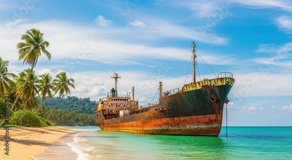 Fototapeta Rusty Cargo Ship Beached on a Tropical Shoreline Under a Bright Sky