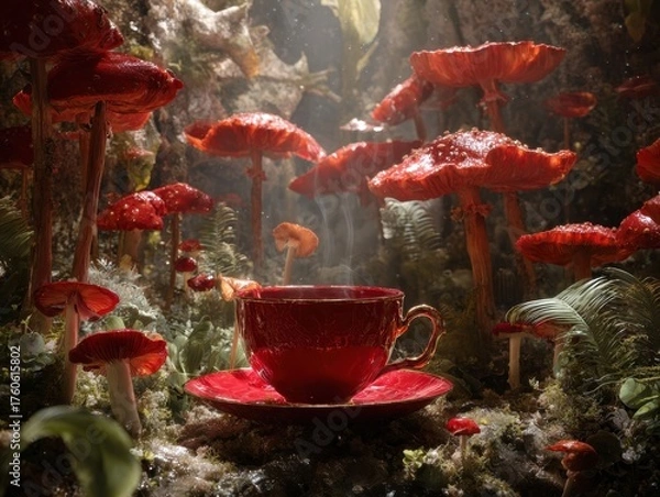 Obraz Steaming Teacup Amidst Giant Red Mushrooms in a Sun-Dappled Forest, Mystical Woodland Setting With Fantasy Fungi and Warm Beverage