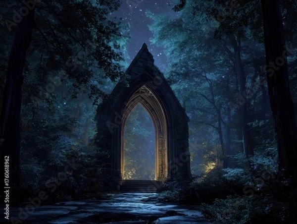 Obraz Ancient Stone Archway in Enchanted Forest Night Glowing Portal Entry Way Deep Woods