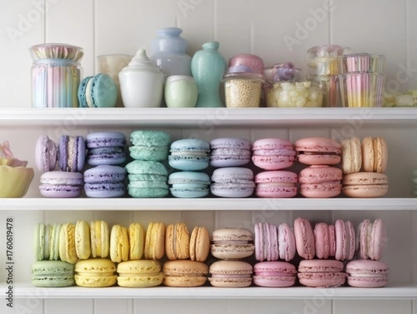 Obraz Assorted Macarons Bakery Shelf Colorful Desserts Sweet Treats Jars Background Delicious French Confectionery Display Vibrant Collection