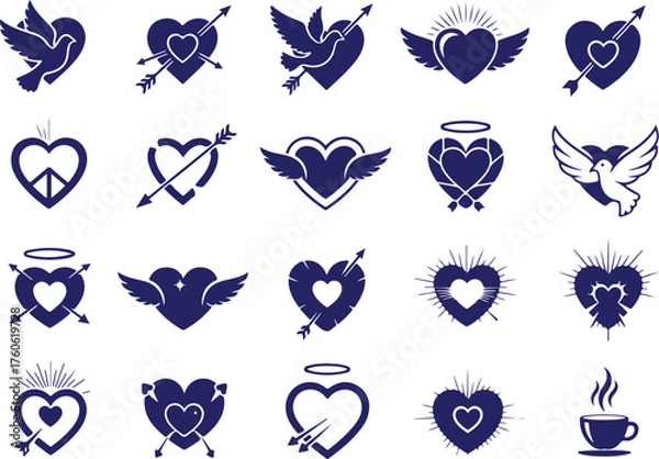 Fototapeta Vector art of set of blue heart and dove symbols with arrows and halos