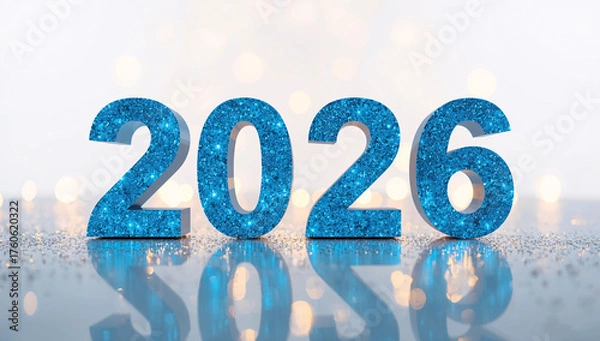 Fototapeta Sparkling blue 2026 numbers reflecting on a shiny surface celebrate future