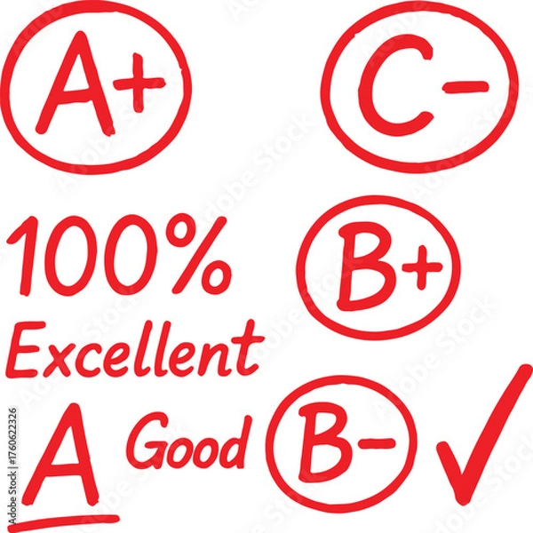 Obraz hand drawn red school grade marks and teacher feedback doodle set