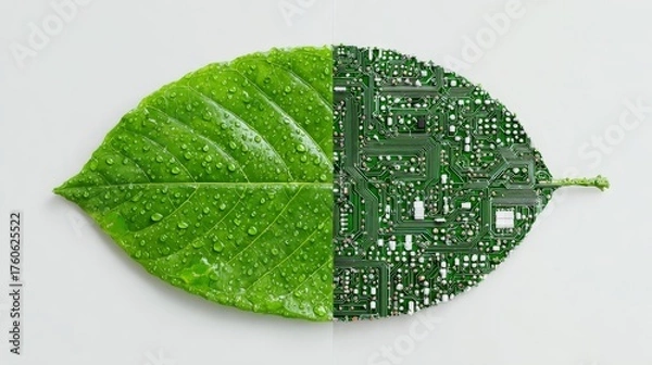 Obraz Split-screen effect: half leaf icon, half circuit board pattern, eco-tech on white