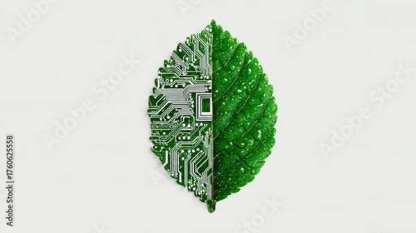 Obraz Split-screen effect: half leaf icon, half circuit board pattern, eco-tech on white
