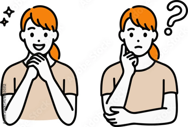 Obraz Young woman expressing excitement and confusion through simple line art poses vector