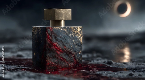 Obraz Luxury perfume bottle made of black volcanic stone with gold and red texture, standing on dark reflective surface under solar eclipse, mysterious high-end product concept with cinematic lighting
