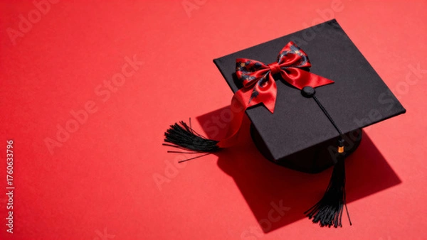 Fototapeta Black graduation cap with red bow on a red background