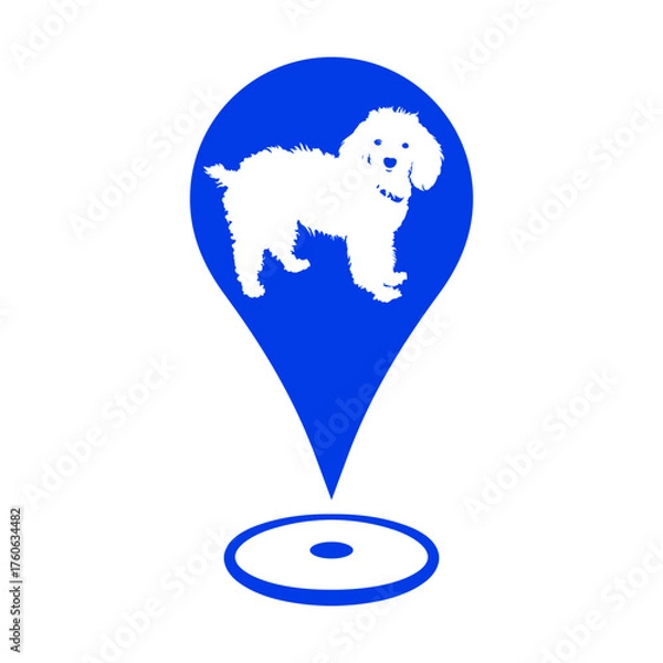 Fototapeta Pet store map location marker icon for Pet shop, Dog groomer and Dog park location. an Adorable white Poodle dog on a location marker
