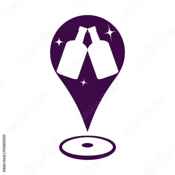 Fototapeta Party clubs map location marker icons for Liquor stores, and alcoholic drink sellers. Clinking alcohol drinking bottles on a location marker