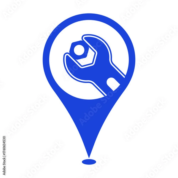 Fototapeta Mechanic shop map location marker for Garage, Service and Maintenance businesses. Wrench and hex nut on a location marker
