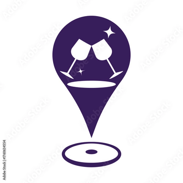 Fototapeta Party clubs map location marker icon for Celebration drinking places at night. Clinking glasses on a location marker