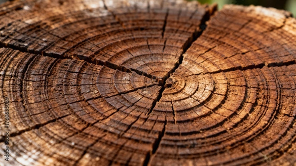 Fototapeta Close-up of a tree stump showing annual growth rings and cracks