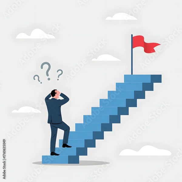 Obraz A businessman contemplates a challenging path toward a distant red flag