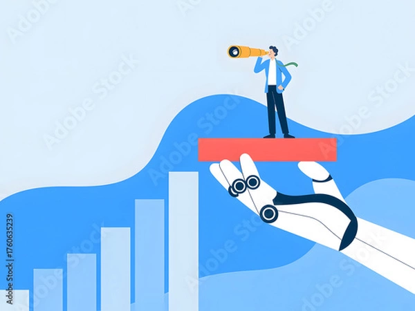 Obraz A person stands on a block supported by a robotic hand looking ahead