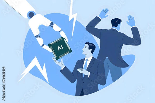 Obraz Man handing artificial intelligence chip to a robotic figure with lightning