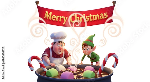 Fototapeta A cartoon chef and an elf prepare a festive Christmas hot chocolate with marshmallows and candy canes under a "Merry Christmas" banner.