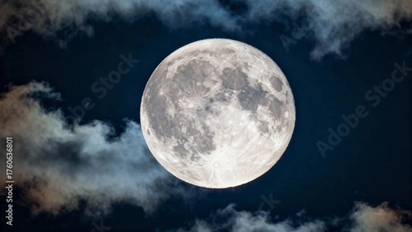 Fototapeta Full moon glowing brightly against a dark sky with scattered clouds
