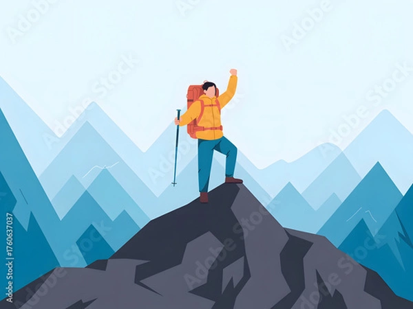 Obraz A triumphant hiker celebrates reaching a mountain peak in a scenic landscape