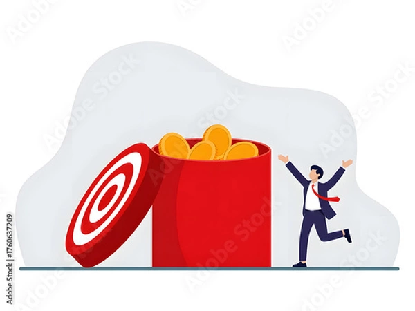 Obraz Achieving financial goals a businessman celebrates success with falling coins